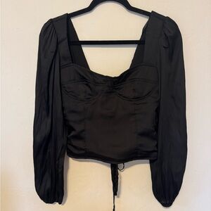 Aqua Elegant Black Puff Sleeve Blouse